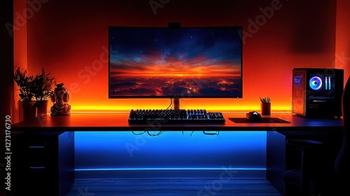 Modern gaming setup with vibrant lighting and scenic screen backdrop