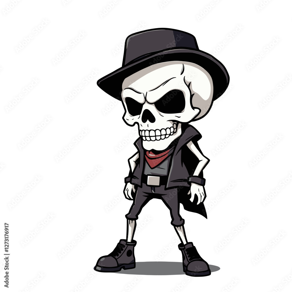 Fototapeta premium a skull emoji wearing a black hat, a red bandana, and black boots.
