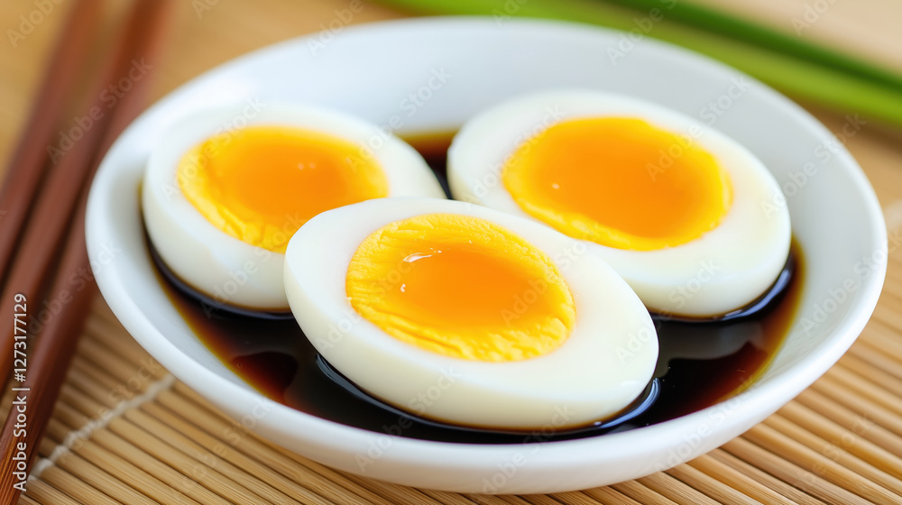 Sliced Hard boiled eggs served in soy sauce Sliced Hard boiled eggs served in soy sauce