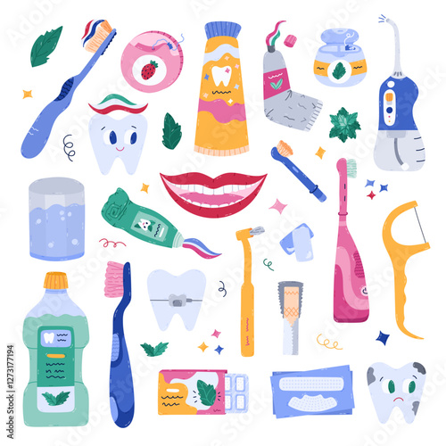 Big cartoon dental care and stomatology set with cavity cleaning tools, cute tooth characters, oral care products. Toothpaste, brush, floss, mouth. Lovely hand drawn teeth hygiene isolated clipart.