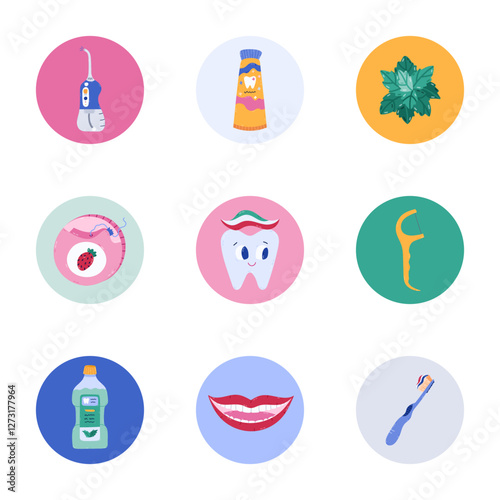Lovely cartoon round cover icon with stomatology and dentistry clipart for different social media, blogs, branding. Highlight icons for stories with toothpaste, teeth, lips clipart in bright colors.