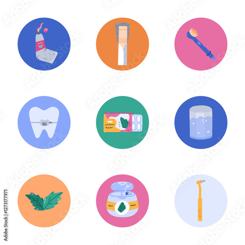 Lovely cartoon round cover icon with oral care clipart for different social media, blogs, business. Highlight icons for stories with toothbrush, dental floss, braces, bubble gum in vivid colors.