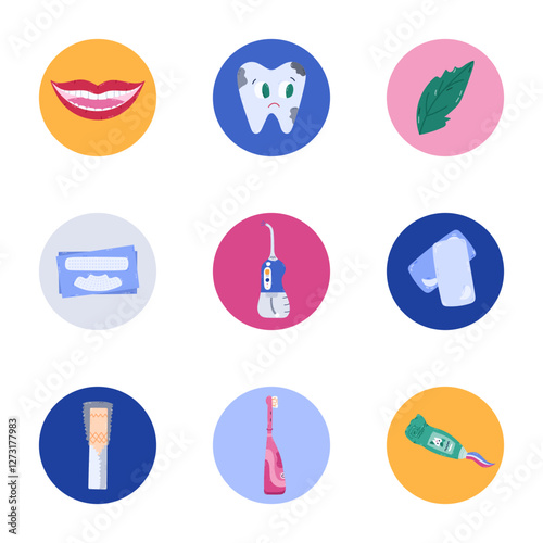 Lovely round cover icons with cartoon tooth hygiene clipart for different social media, business, branding. Highlight icons for stories with dental products and tools, bubble gum in vivid colors.
