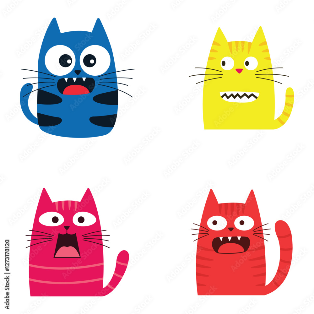 Obraz premium Set of Colorful Adorable Naughty Cat Animal Cartoon Character with Humor Happy Expression