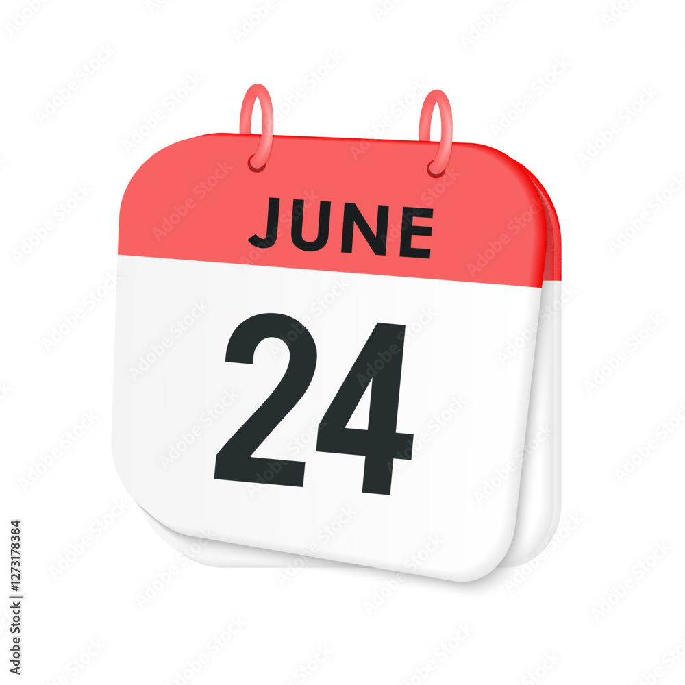24th June daily calendar icon template. June 24 day calendar design. Single day calendar in vector illustration flat style. 24th June daily calendar icon template. June 24 day calendar design. Single day calendar in vector illustration flat style.