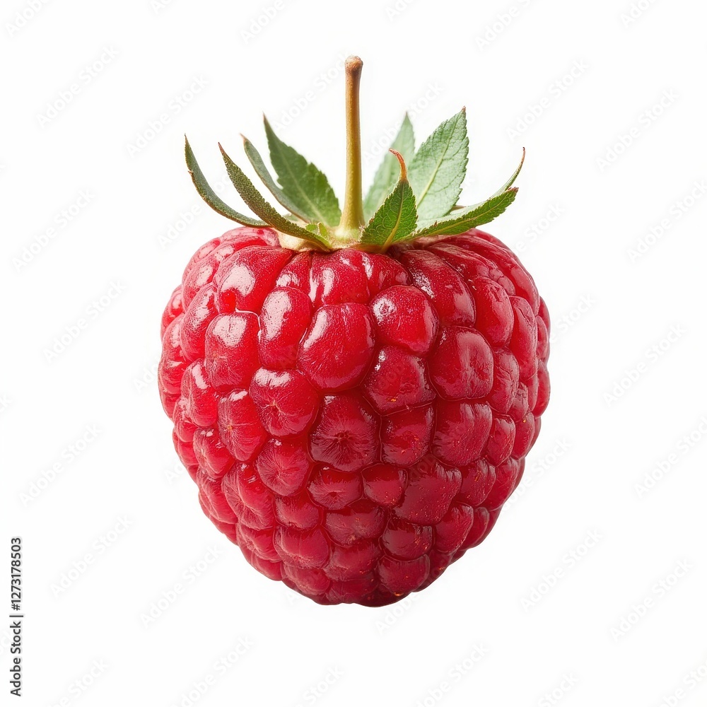 Single Raspberry Fruit with Green Leaves Fresh Ripe and Juicy Macro Detailed Close Up Studio Shot Single Raspberry Fruit with Green Leaves Fresh Ripe and Juicy Macro Detailed Close Up Studio Shot