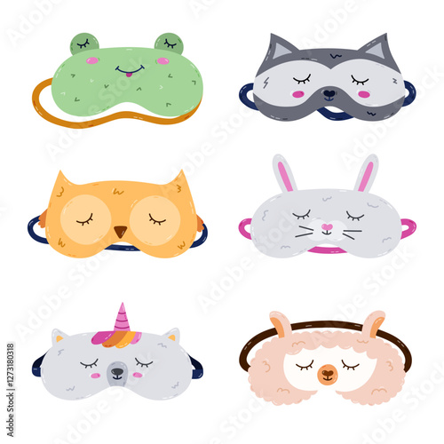 Childish cartoon animal sleeping mask set in the shape of frog, raccoon, owl, bunny, unicorn, llama head. Funny kids eye mask collection with pet head. Hand drawn sweet dreams accessory for nap.