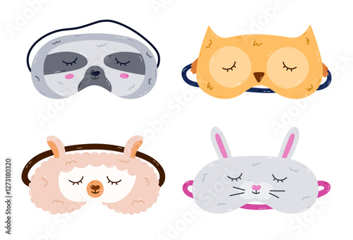 Childish cartoon animal sleeping mask set in the shape of sloth, owl, llama, bunny head. Funny kids eye mask collection with pet head. Hand drawn sweet dreams accessory isolated on background.