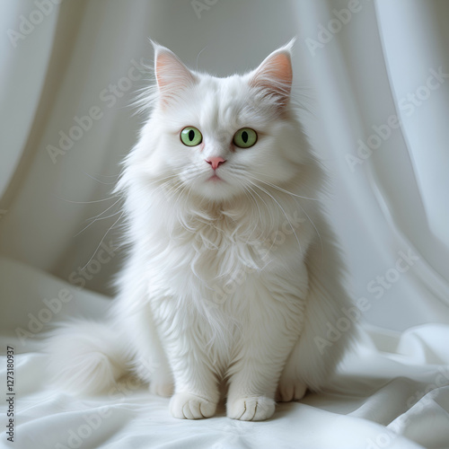 An adorable snow-white long-haired cat, exuding charm and elegance.