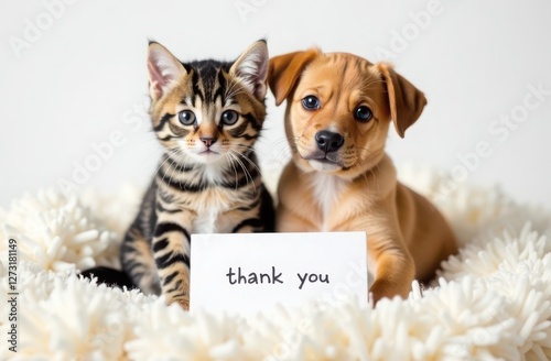 Kitten and puppy on a fluffy blanket with a Thank you card