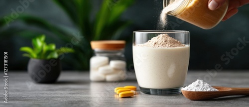 Close-up macro shot of collagen supplement powder being mixed or blended in a studio setting, showcasing the texture and surface details of this natural wellness ingredient for hair, skin.