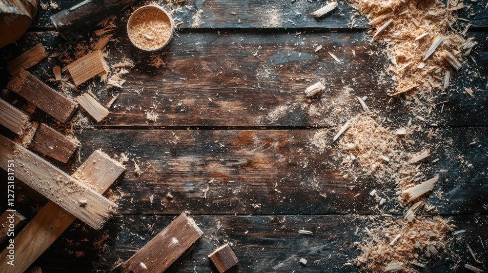 Rustic Woodworking Workshop: A Carpenter's Table, Scattered Sawdust, and Wooden Scraps