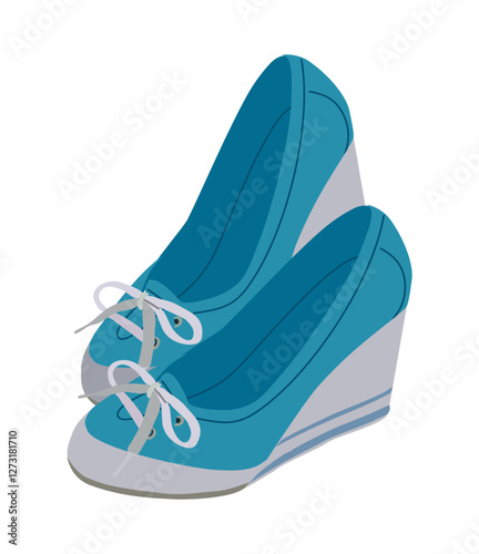 Trendy and fashion womens blue sneakers. Side view of modern moccasins with laces and high platform. Colored flat vector realistic illustration of fashionable footwear isolated
