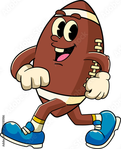 Walking Rugby Ball Sports mascot cartoon character in Vintage Style