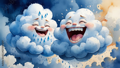 2 clouds are floating in the sky. One cloud is crying rain, the second cloud is laughing photo