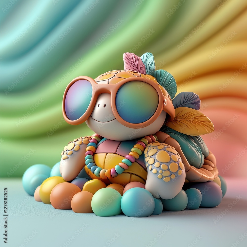 Fototapeta premium A whimsical turtle figurine adorned with sunglasses and colorful beads, set against a vibrant, wavy background, Y2K style.