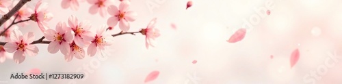 Soft peach blossoms falling gently on a pastel white background, spring, peaceful, nature