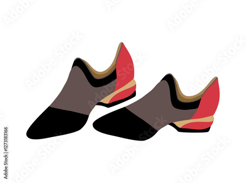 Elegant womens shoes. Spring, autumn fashion footwear with black, red and gold decoration. Colored flat vector illustration isolated