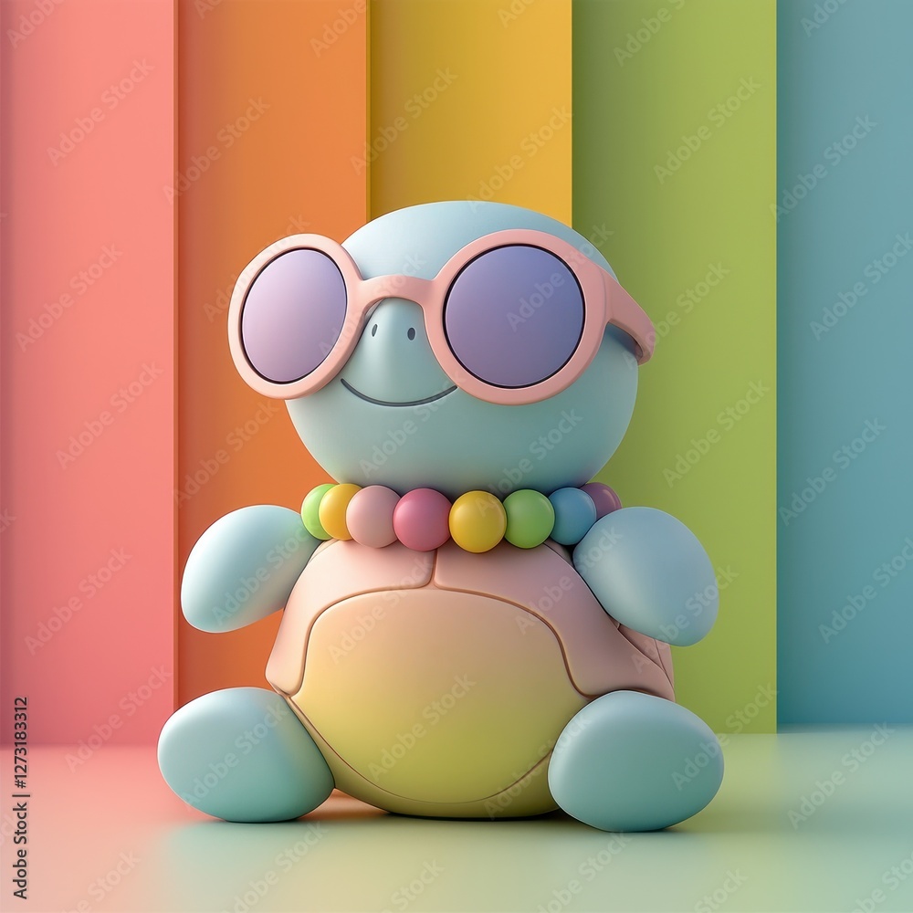 Fototapeta premium A cute, colorful turtle figurine wearing sunglasses and a beaded necklace, set against a vibrant striped background, Y2K style.