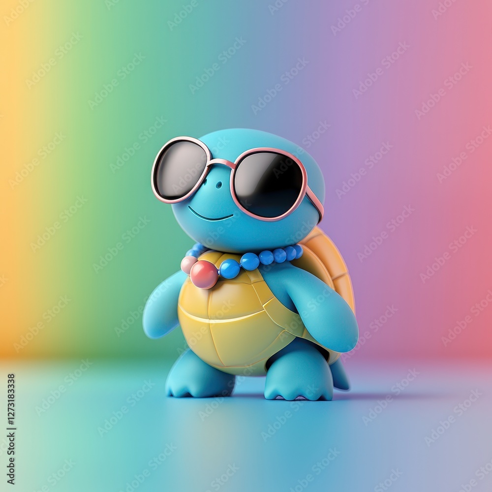 Naklejka premium A cute blue turtle character wearing sunglasses and accessories, set against a vibrant, colorful background, Y2K style.