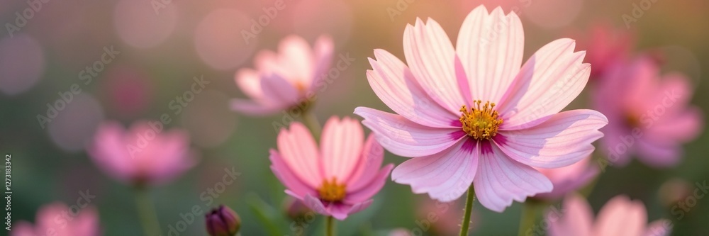 Soft pink hues on pale white petals, delicate cosmos flower, nature, bloom