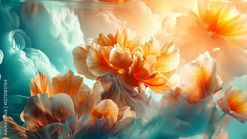 Dreamy peach blossoms floating in turquoise ink.