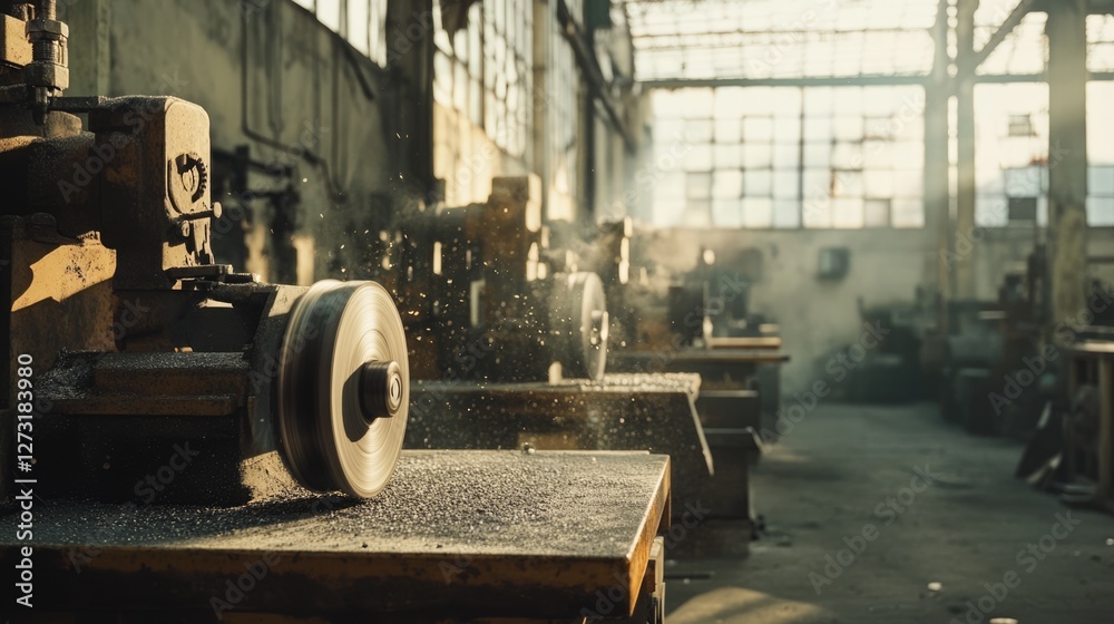 Fototapeta premium Industrial Factory: Sunlit Machine Shop with Vintage Machinery and Metalworking