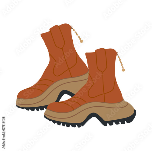 Trendy women brown leather ankle boots with high platform sole. Side view of modern fashion footwear. Colored vector realistic illustration of stylish shoes isolated