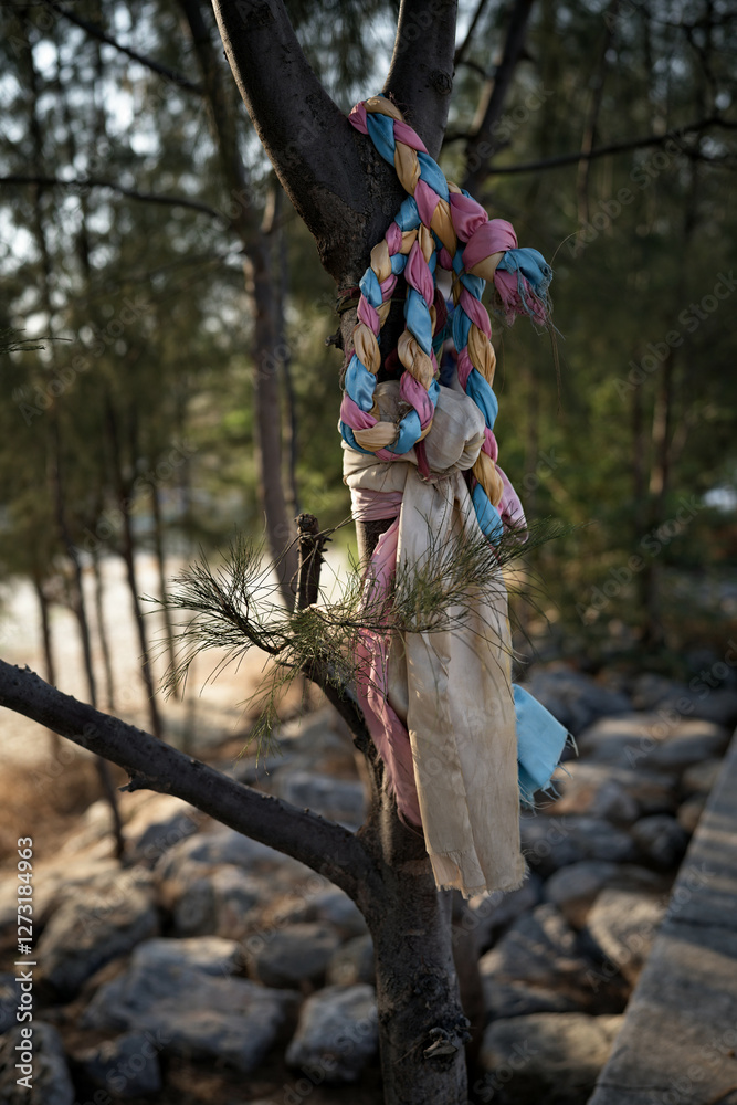 Sacred cloth tied to a tree in Thailand