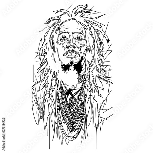  Iconic Reggae Portrait – Artistic Ink Sketch of Dreadlocked Musician