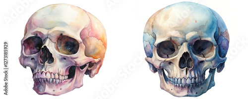 Watercolor skull illustrations, artistic rendering, anatomy study, colorful details, educational purpose, fine art style.