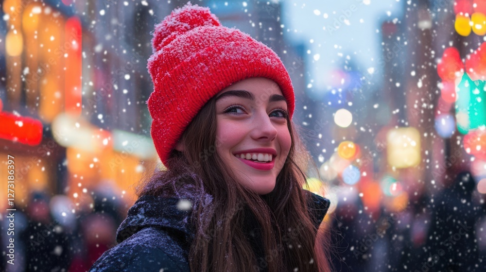 Cheerful woman in a red hat smiling amidst falling snow in a festive city. Joyful moments are captured under bright lights. Cheerful woman in a red hat smiling amidst falling snow in a festive city. Joyful moments are captured under bright lights.