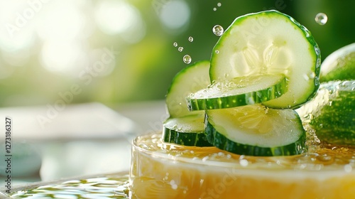 Close-up of fresh cucumber slices resting gently on irritated, sunburned skin, offering a natural and soothing remedy for the discomfort of sunburn. The image conveys a sense of tranquility, wellness.