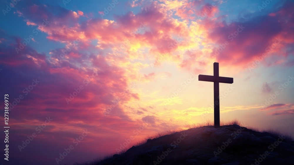 crucifixion, religion and christianity concept - silhouette of cross on calvary hill over sky background crucifixion, religion and christianity concept - silhouette of cross on calvary hill over sky background