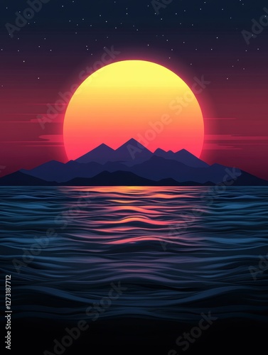 Wallpaper Mural A vibrant sunset over mountains reflects on calm water, creating a serene atmosphere, Ideal for travel, relaxation, or nature-themed projects, this image evokes tranquility and scenic beauty, Torontodigital.ca