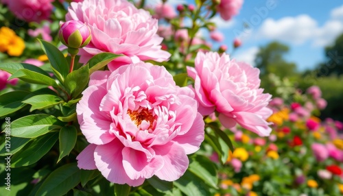 Pink Peonies Blooming in Sunny Garden