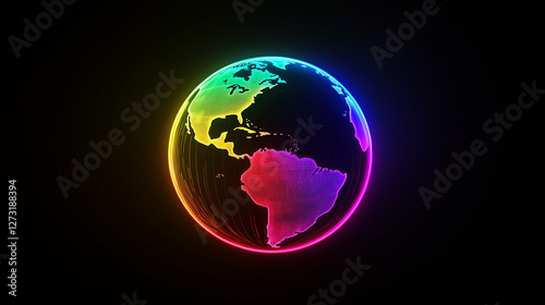 Neon Earth with a rainbow outline in a dark background for modern digital art concepts