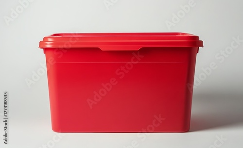 Red plastic storage container with lid, isolated on white background. (6)