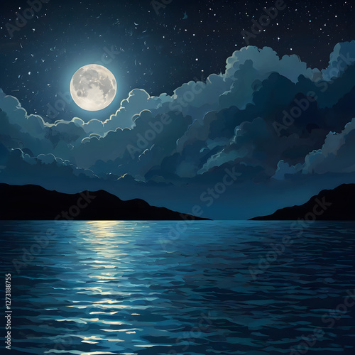 Vector night sky clouds. Moonlight. Moon over the sea. Background design. Vector illustration.