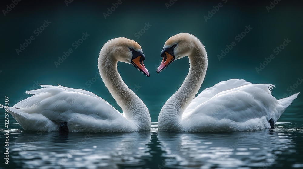 Two elegant swans forming a heart shape on a tranquil lake at dusk Two elegant swans forming a heart shape on a tranquil lake at dusk