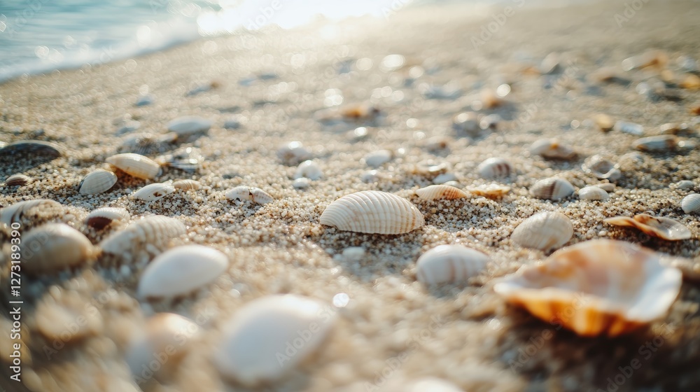 Seashells on Sandy Beach at Sunset Summer Vacation Idyll Seashells on Sandy Beach at Sunset Summer Vacation Idyll