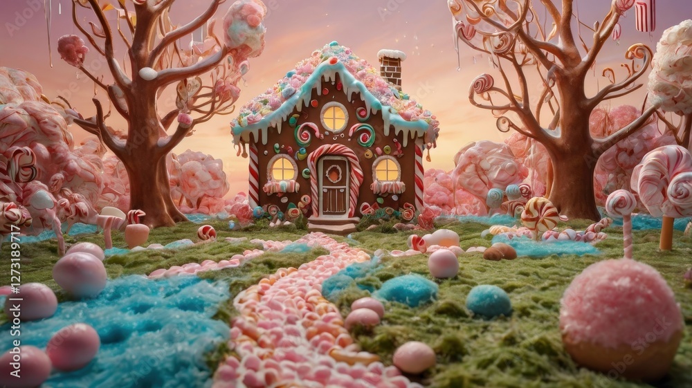 Obraz premium Enchanted Candyland Forest: Lollipop Trees and Chocolate River in a Sweet Dreamscape