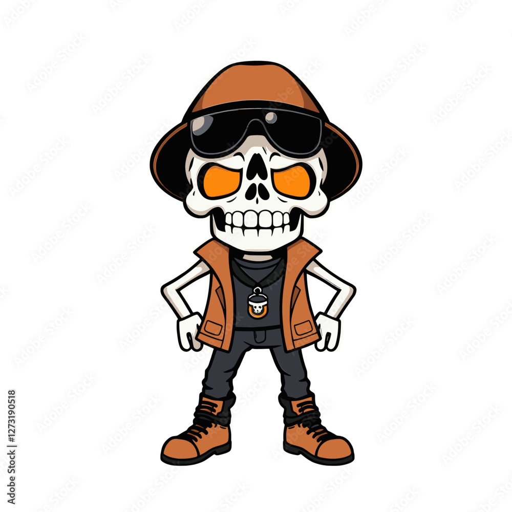 a skull emoji wearing a hat, sunglasses, and a vest. a skull emoji wearing a hat, sunglasses, and a vest.