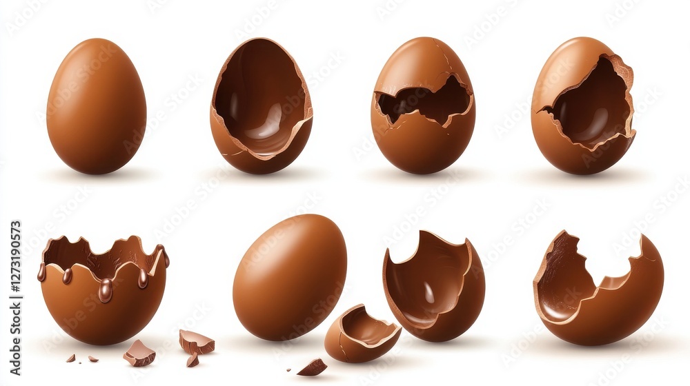 Fototapeta premium Chocolate eggs set. Isolated whole, broken, exploded, cracked and open brown eggs collection. Realistic sweet chocolate candy dessert icons. Vector Easter holiday celebration concept