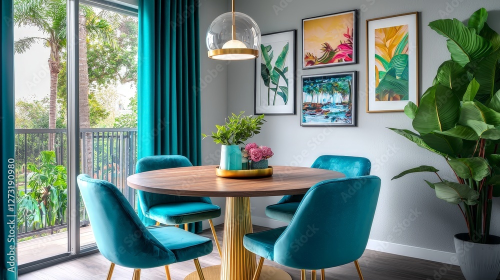 Fototapeta premium Cozy Dining Nook with Round Wooden Table and Vibrant Decor