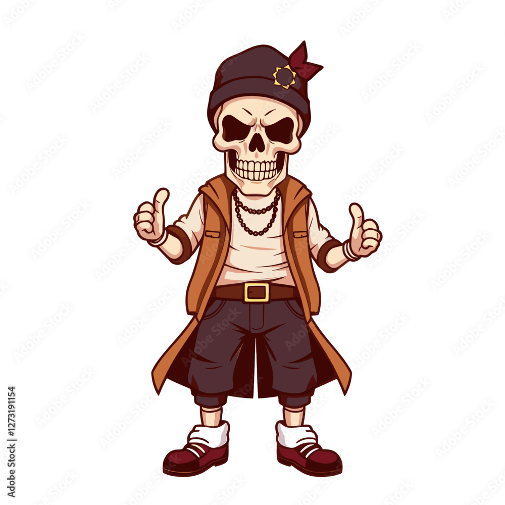 a skull emoji character wearing a hat, vest, and leather jacket, giving a thumbs up gesture. a skull emoji character wearing a hat, vest, and leather jacket, giving a thumbs up gesture.