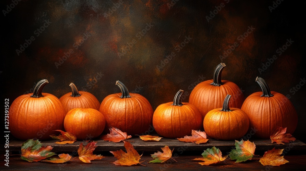 Autumn pumpkins on rustic wooden surface with fall leaves, dark background Autumn pumpkins on rustic wooden surface with fall leaves, dark background