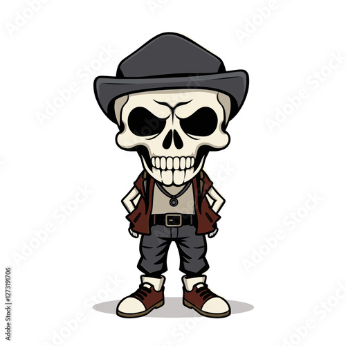 a skull emoji wearing a hat, vest, and shoes.