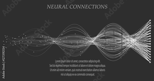 Abstract vector visualization of neural connections. Thin colored lines connect nodes, creating a dynamic flow of information. Gradients and glowing dots highlight the learning process of the neural n
