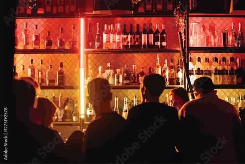 vector of  vintage bar with a long, dark wood counter lined with a row of worn, dark brown leather bar stools. The bar is dimly lit with warm, ambient lighting and has a vintage neon sign above it.